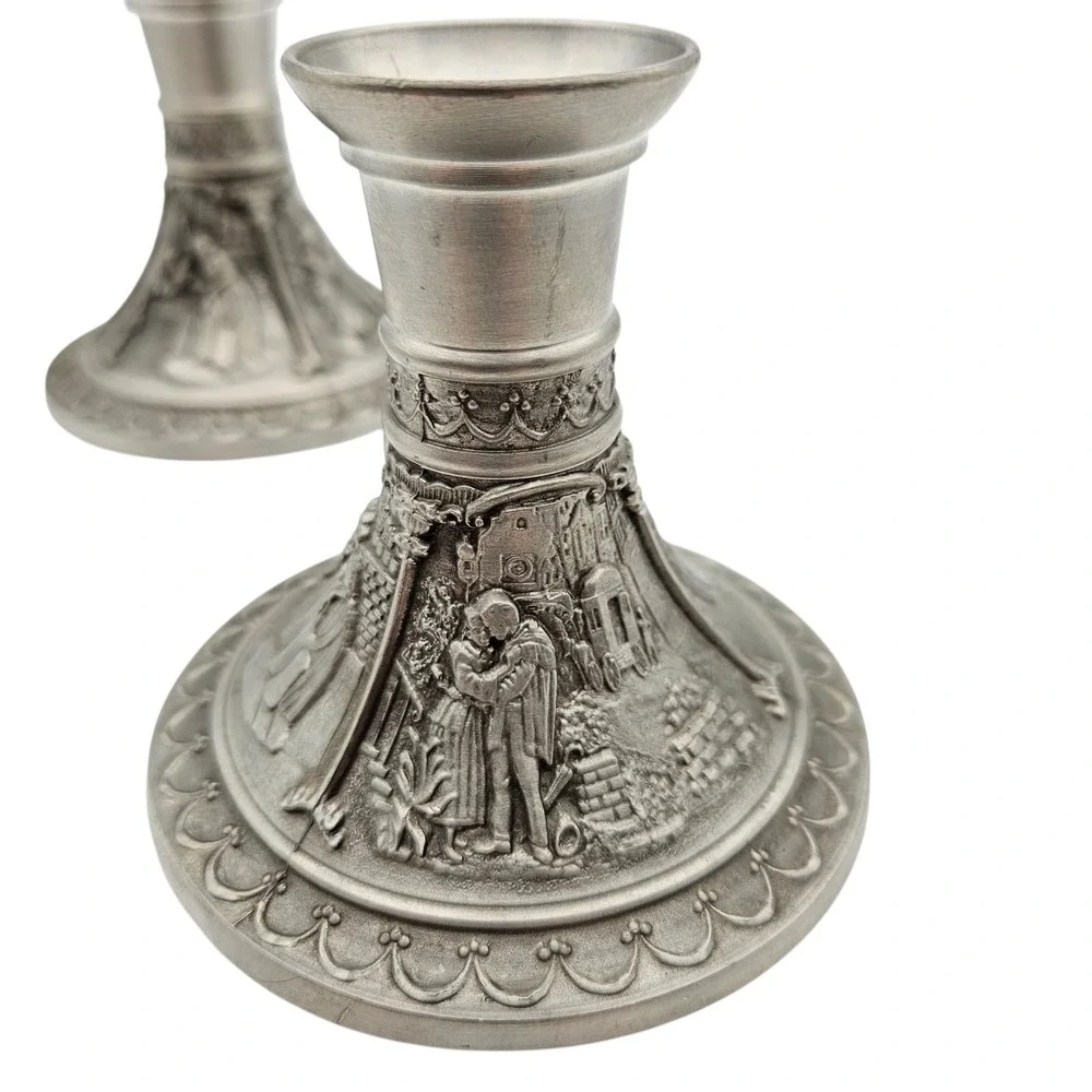 2 German Carved Courting Scenes Zinn 95% Pewter Tin Candlestick Holders Pair